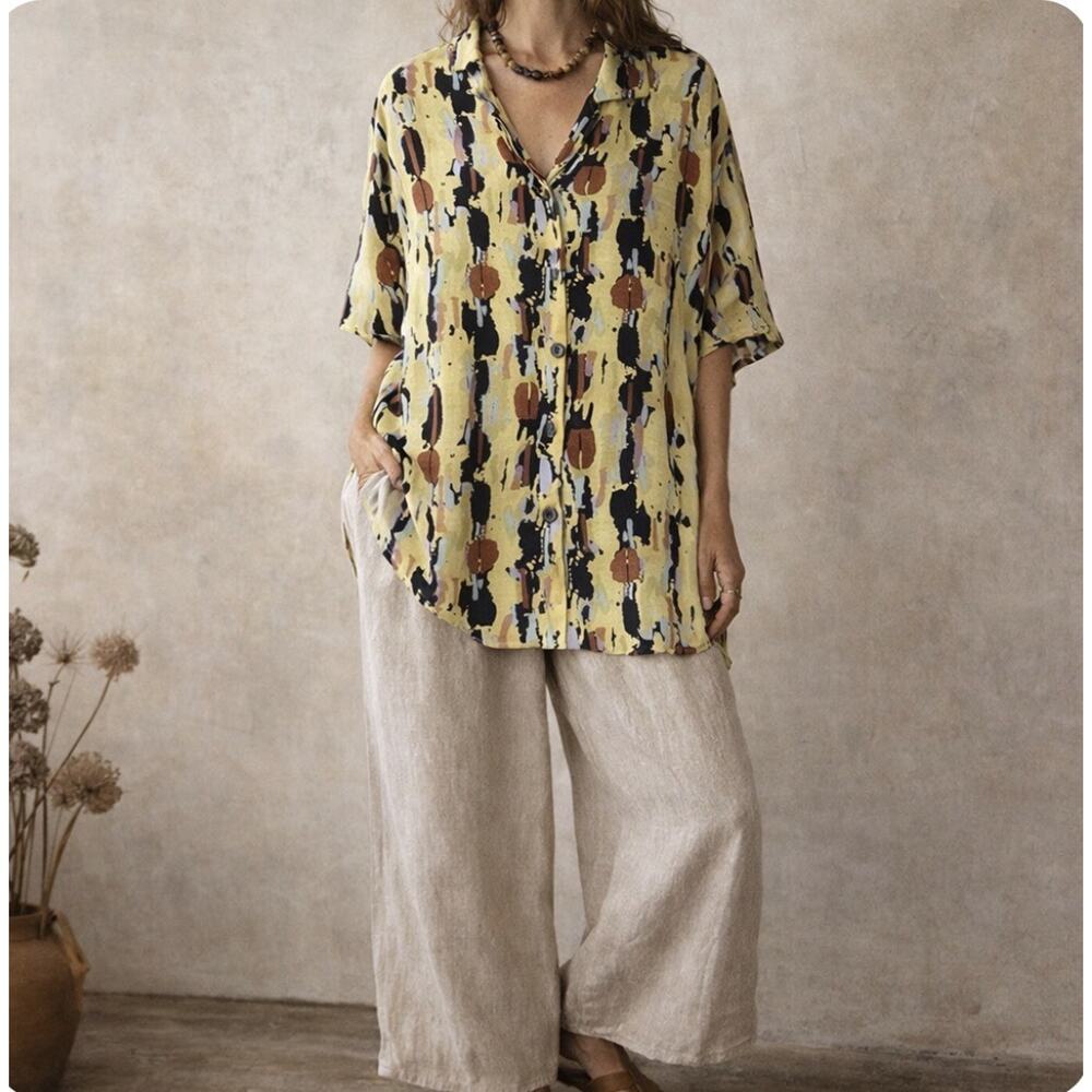 Flax Yellow Abstract Print Short-Sleeve Linen Shirt